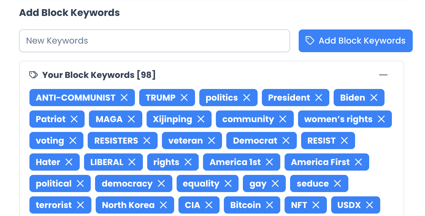Blacklist management interface with keyword filters